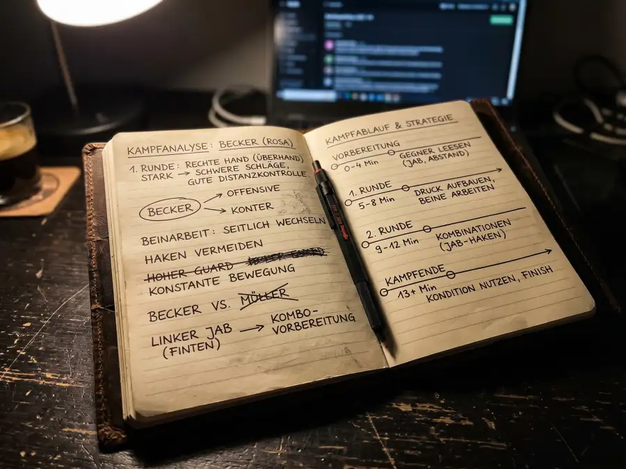 Strategisches Notizbuch mit MMA-Kampfanalysen und Wettnotizen